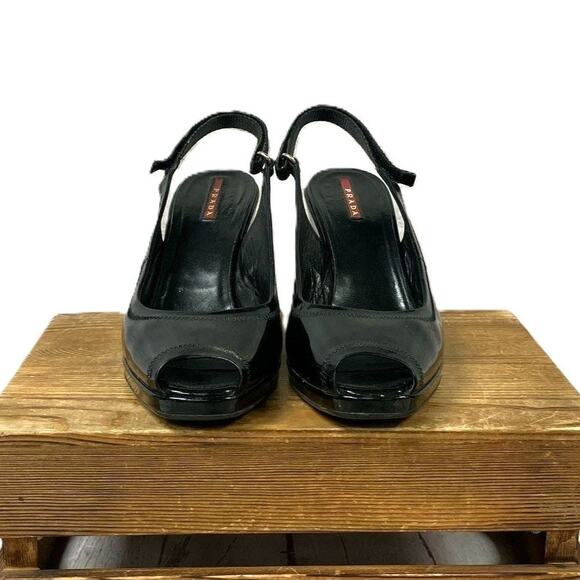Prada Black Sport Patent Leather Peep Toe Wedge Slingback Sandals 41 - Picture 4 of 13
